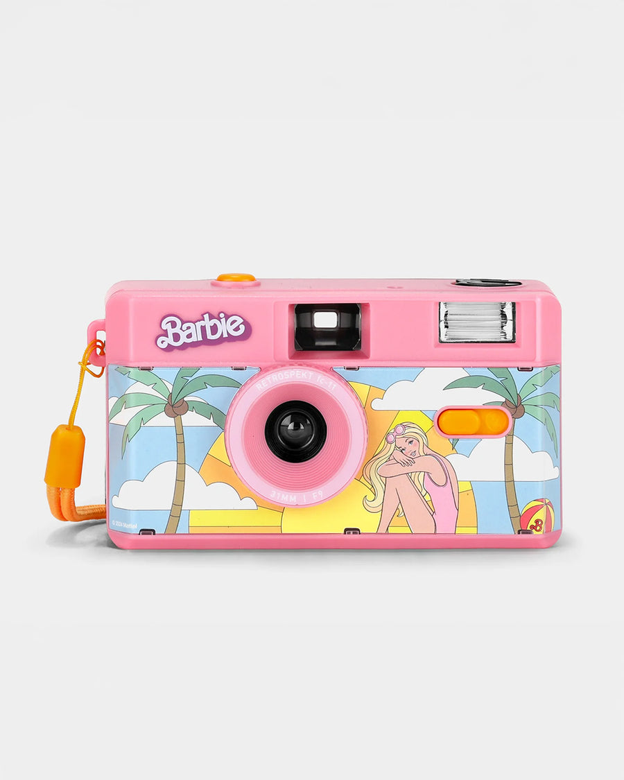 pink 35mm camera with retro malibu barbie print