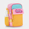 pink, yellow and blue color block 35mm camera bag with malibu barbie design