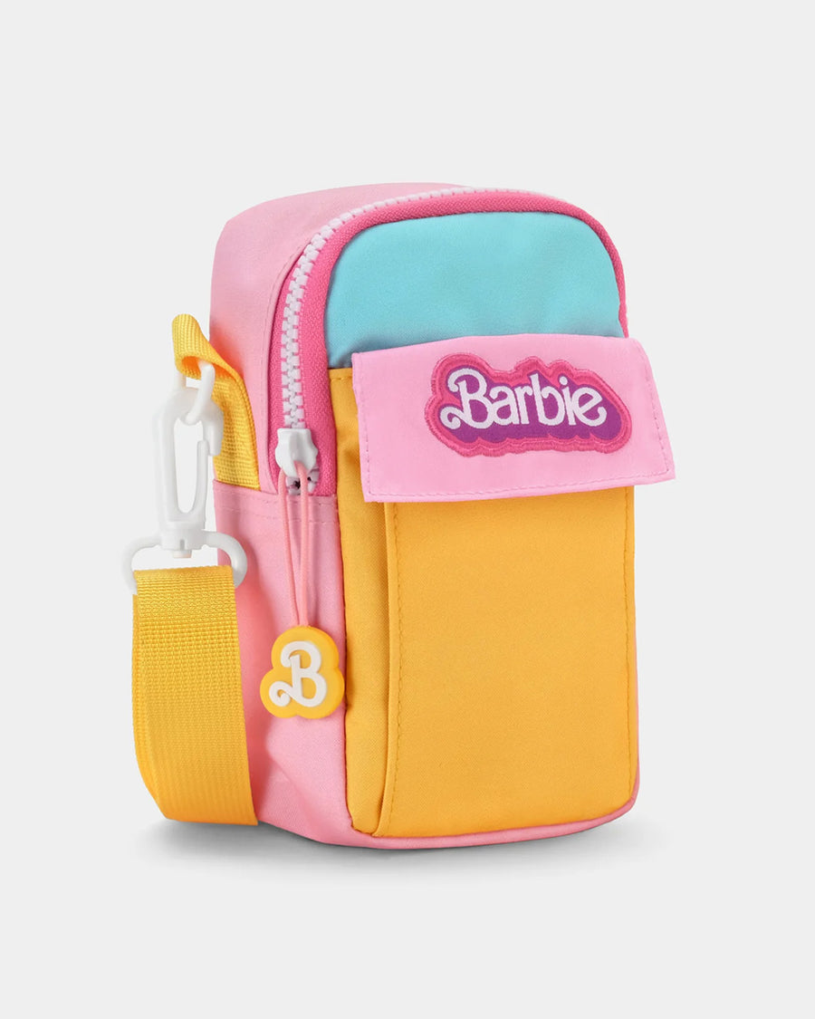 pink, yellow and blue color block 35mm camera bag with malibu barbie design