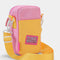 back view of pink, yellow and blue color block 35mm camera bag with malibu barbie design