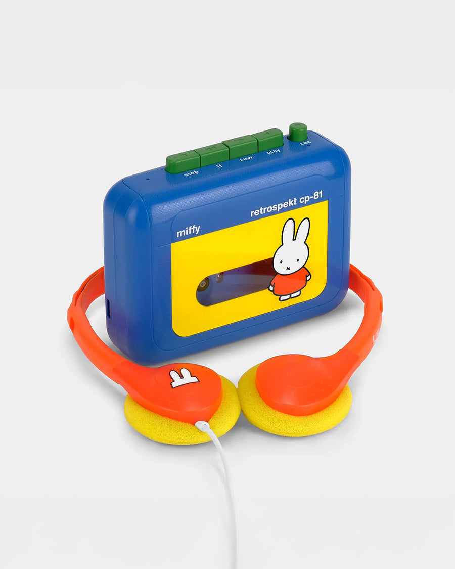 miffy cassette player with primary color scheme and has orange and yellow headphones
