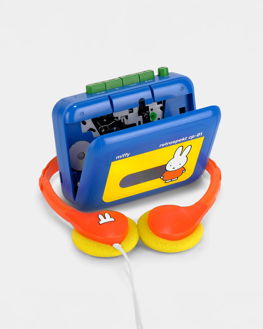 opened miffy cassette player with primary color scheme and has orange and yellow headphones