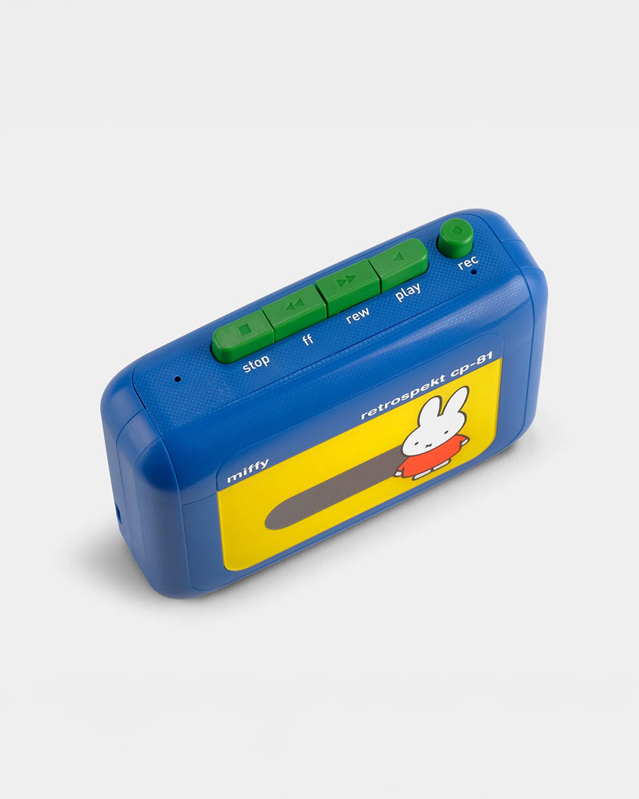 top view of miffy cassette player with primary color scheme and has orange and yellow headphones