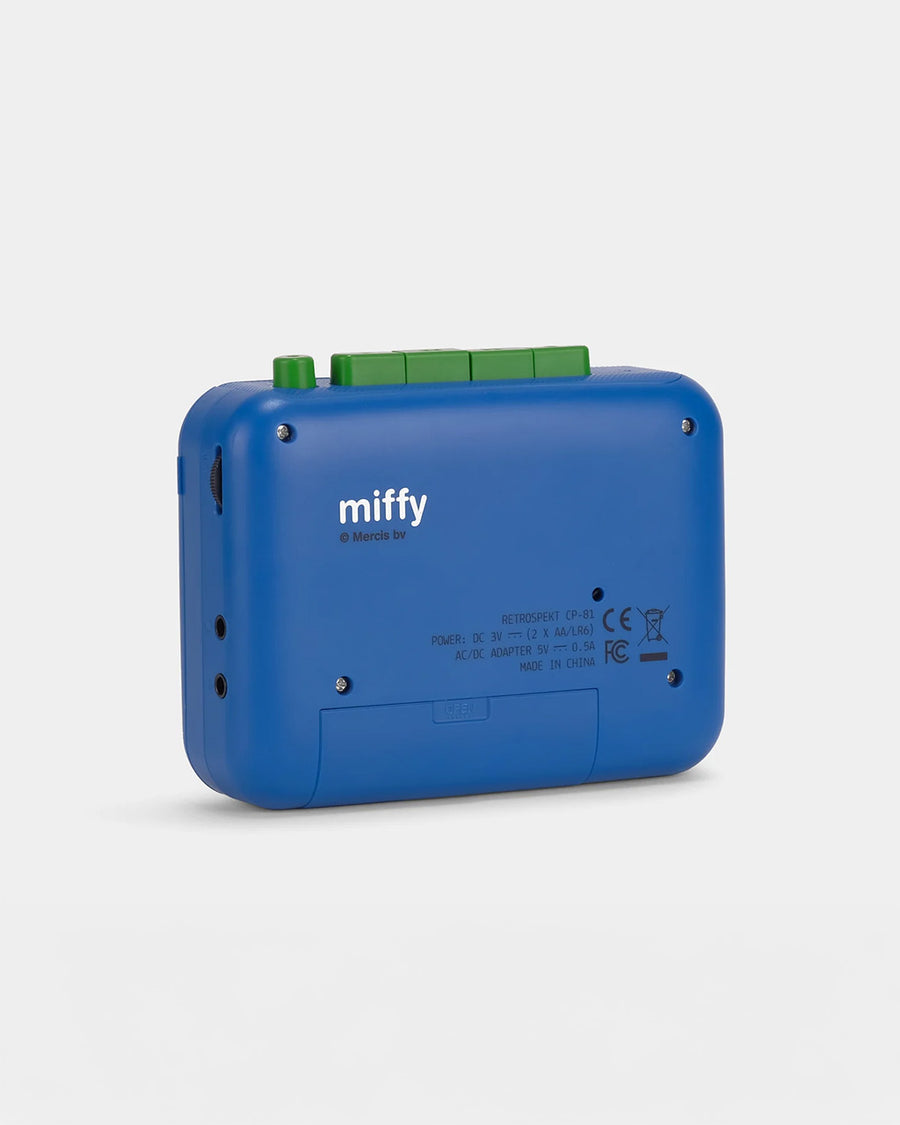 back view of miffy cassette player with primary color scheme and has orange and yellow headphones