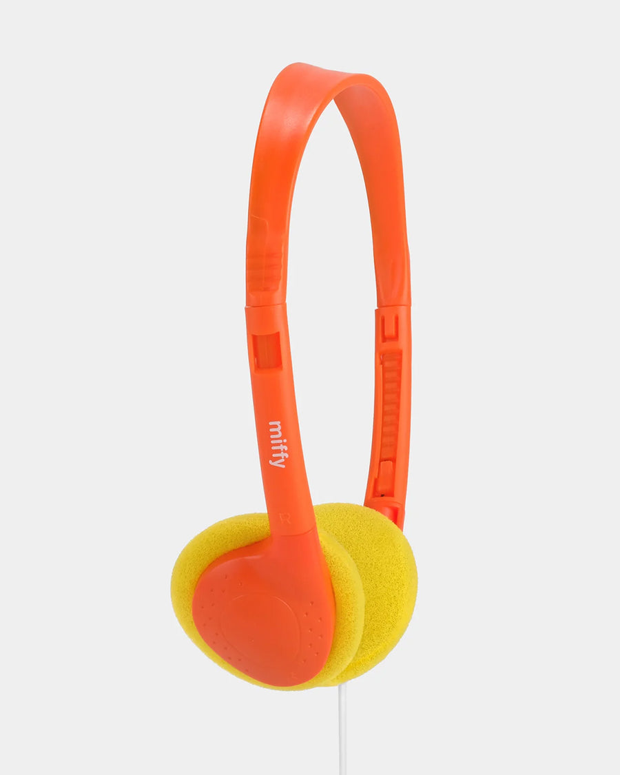 reverse side of orange and yellow headphones