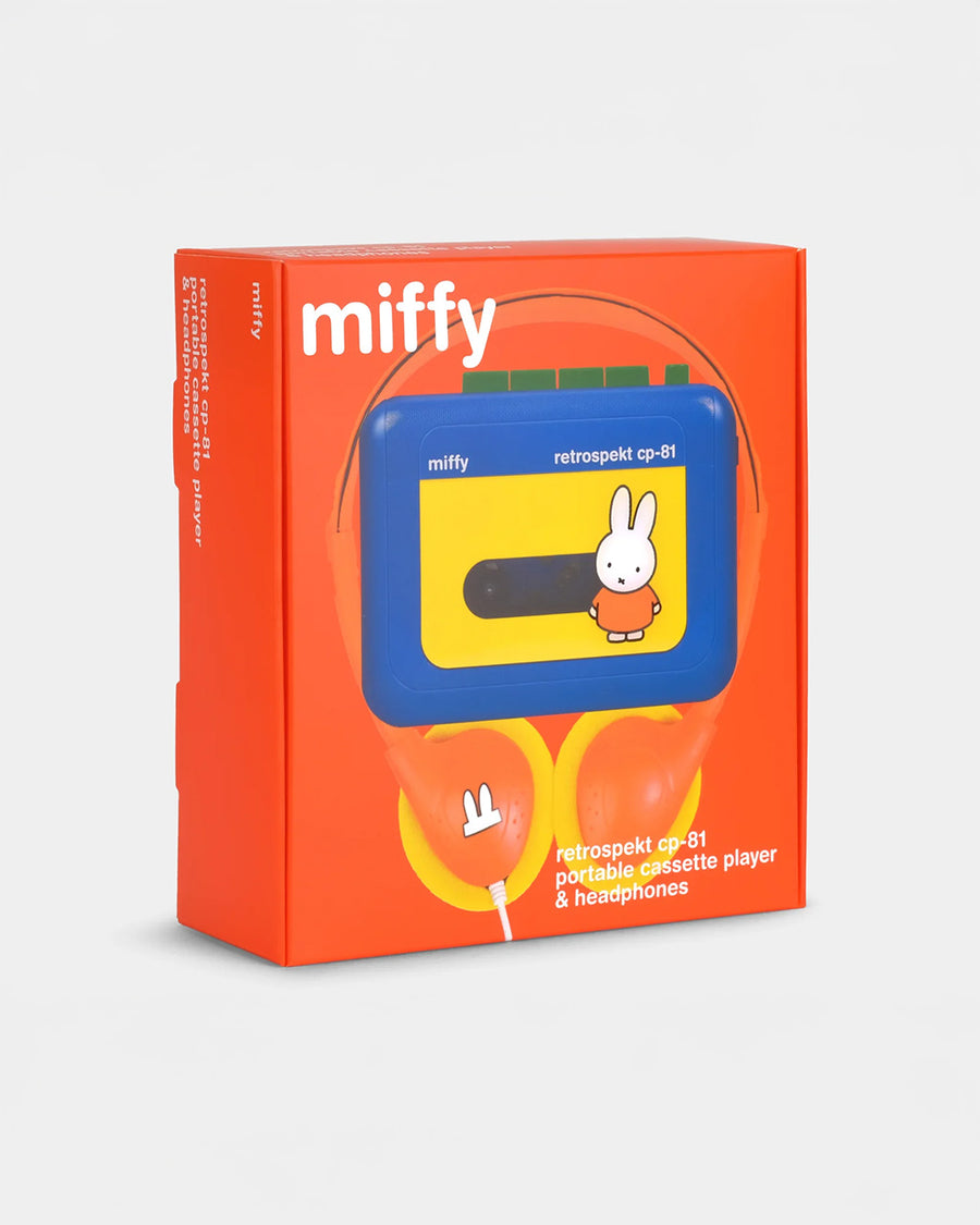 packaged miffy cassette player with primary color scheme and has orange and yellow headphones