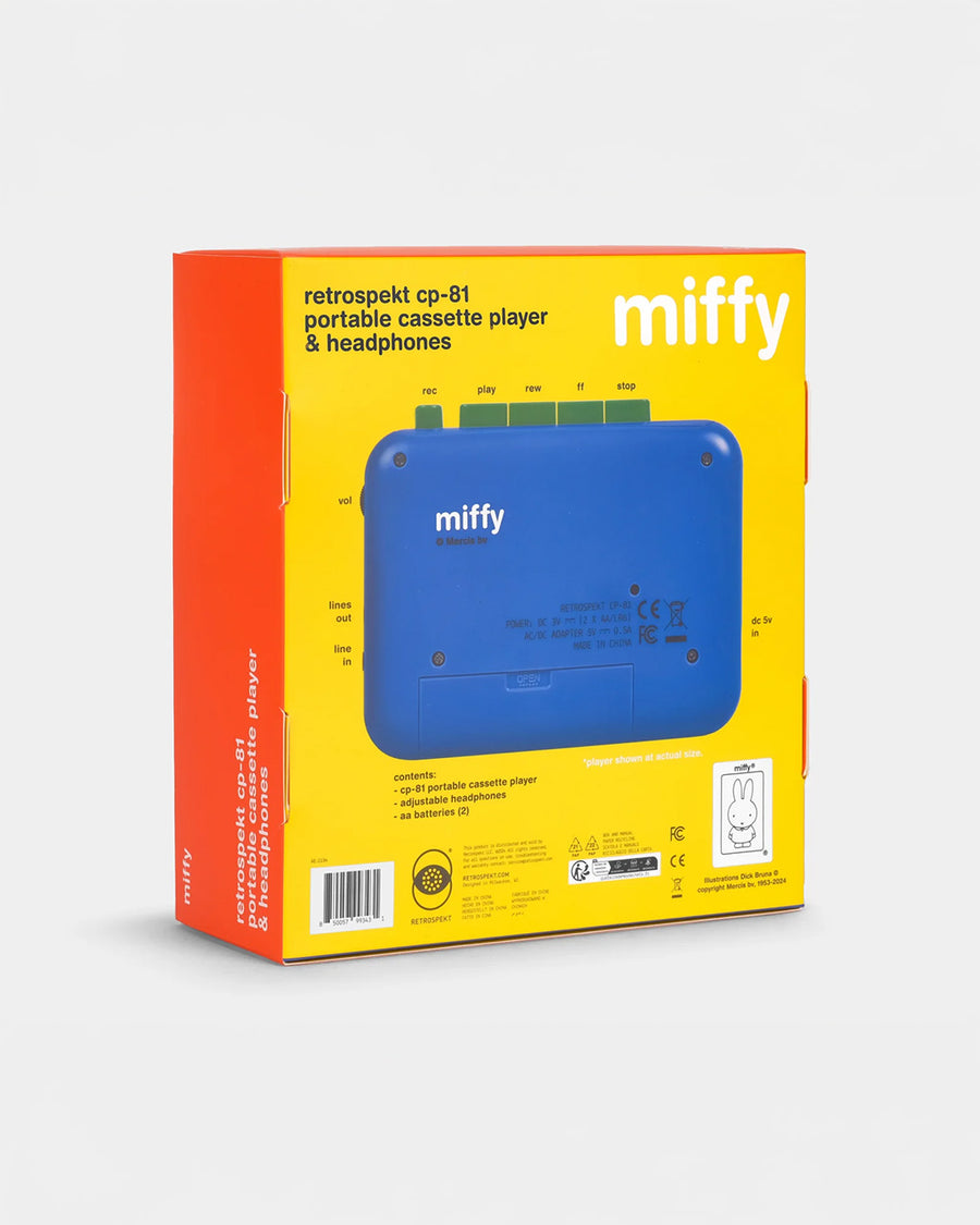back view of miffy cassette player with primary color scheme and has orange and yellow headphones
