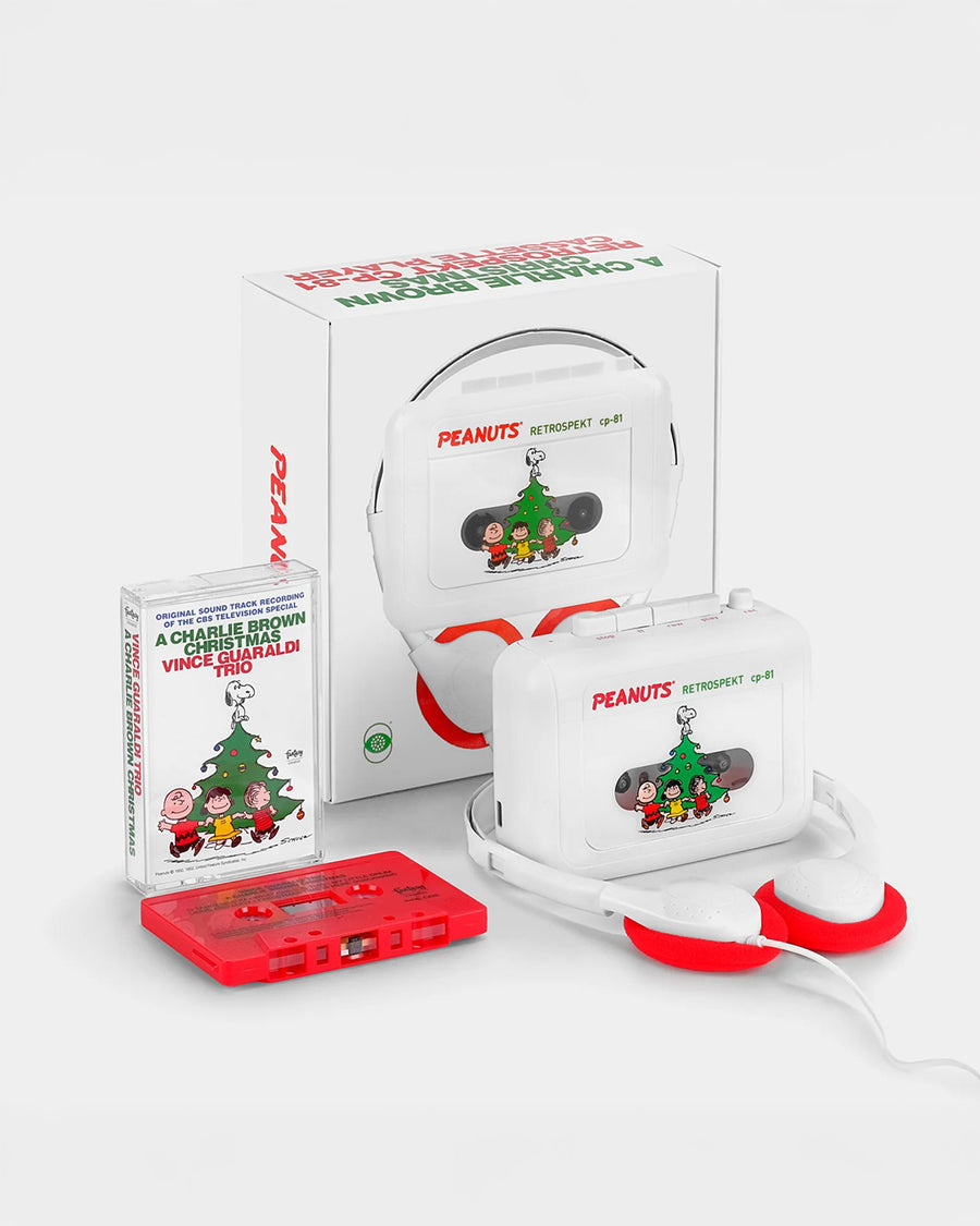 white christmas peanuts cassette player with 'a charlie brown christmas' cassette