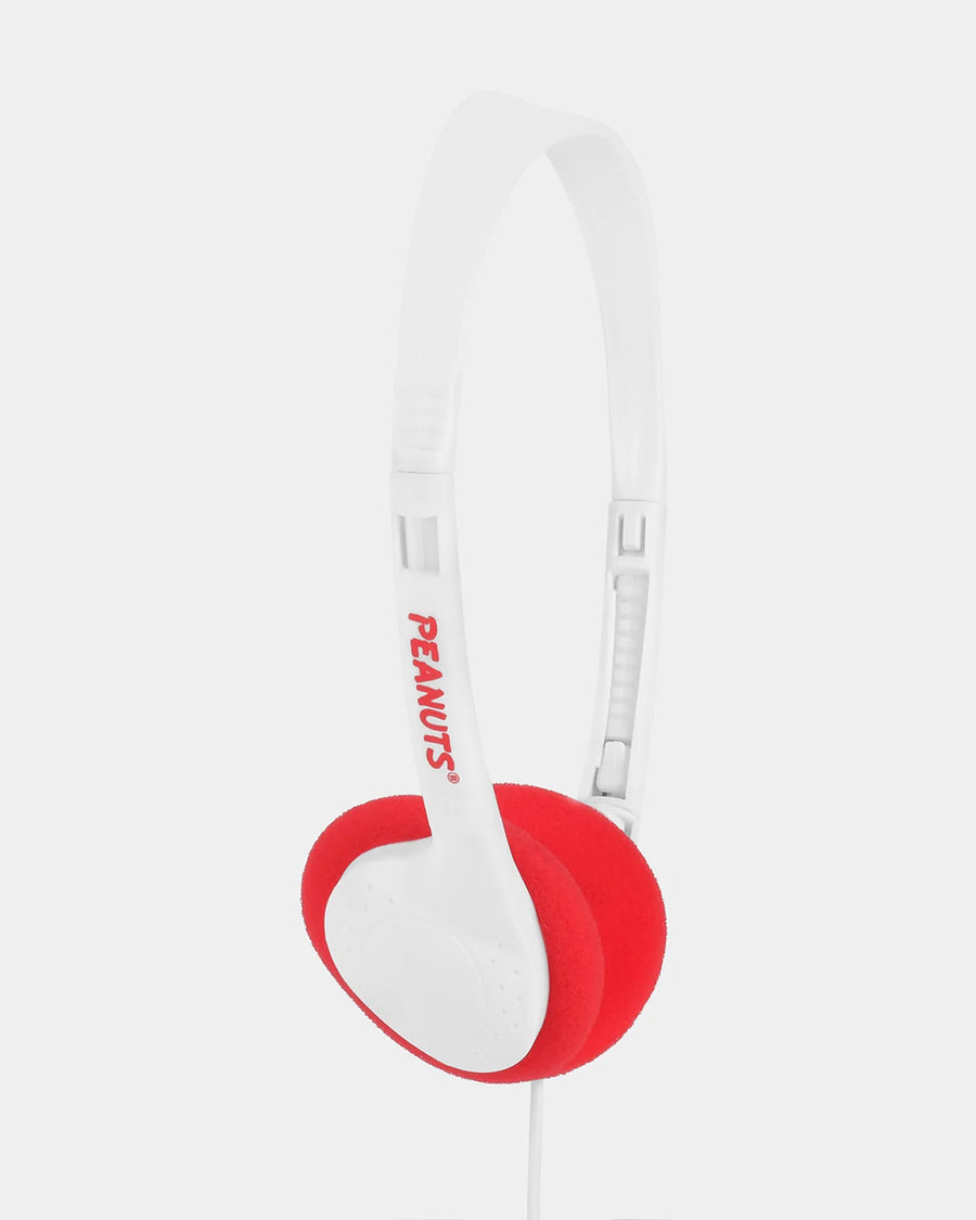 reverse side of white and red corded headphones