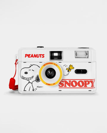 white snoopy and woodstock 35mm camera with red accents