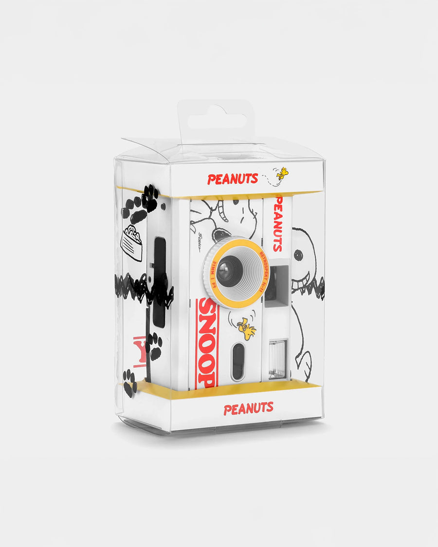packaged white snoopy and woodstock 35mm camera with red accents