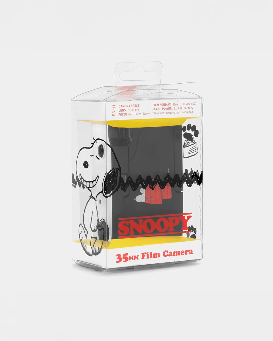 backview of packaged white snoopy and woodstock 35mm camera with red accents