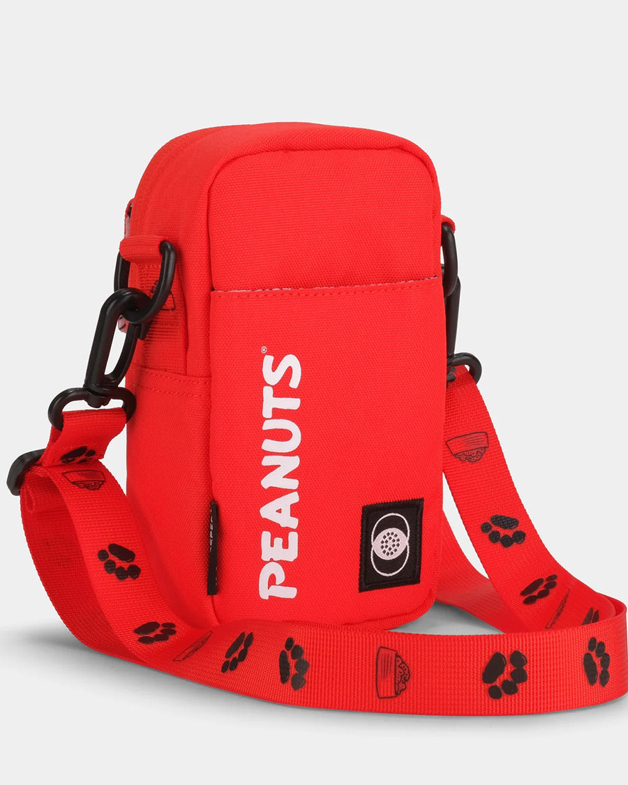 back view of red 35mm camera bag with snoopy design