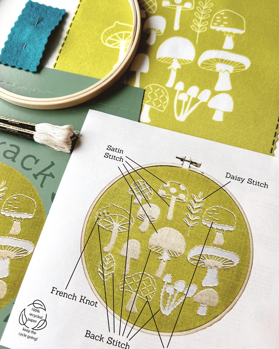 up close of green embroidery kit with cream mushroom design with ring, thread, pre-printed fabric and instructions