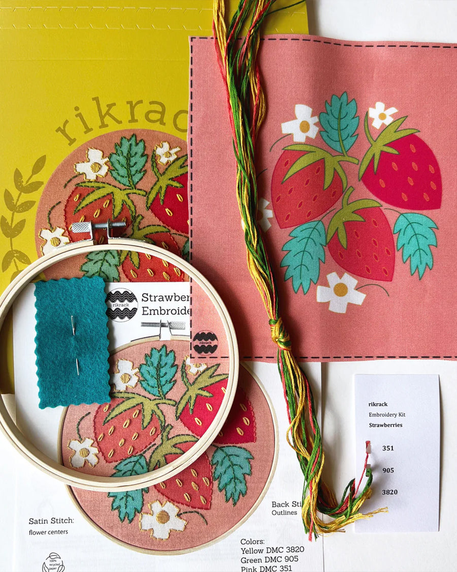 pink embroidery kit with all over strawberry and strawberry leaves with ring, thread, pre-printed fabric and instructions 