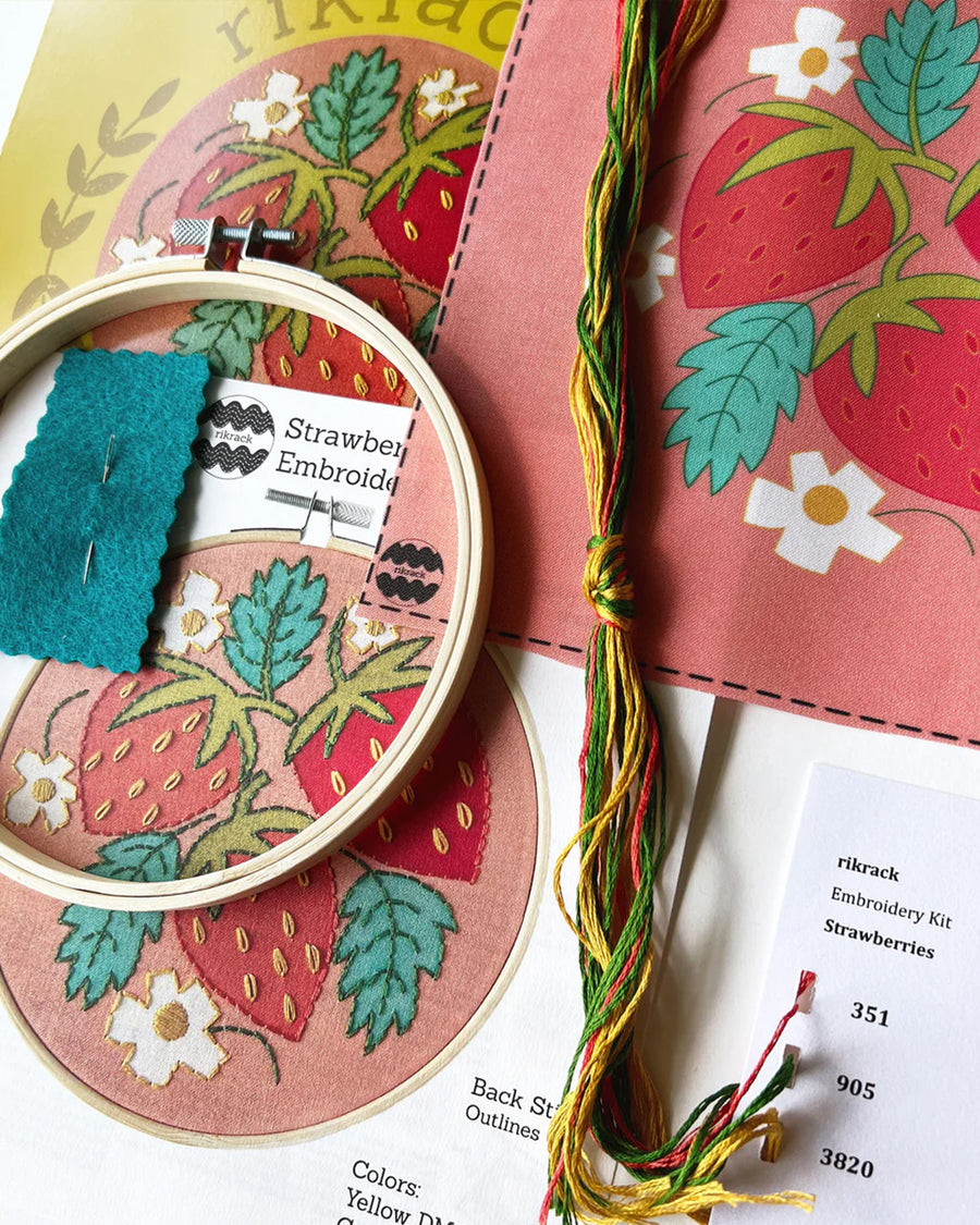 pink embroidery kit with all over strawberry and strawberry leaves with ring, thread, pre-printed fabric and instructions 