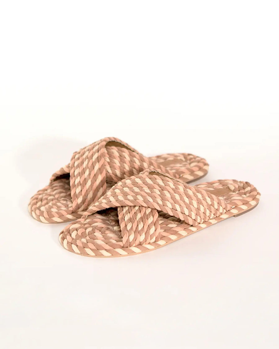 cream, brown and tan woven criss-cross sandals