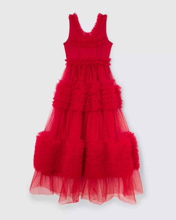 red sleeveless tulle midi dress with tiered ruffles throughout