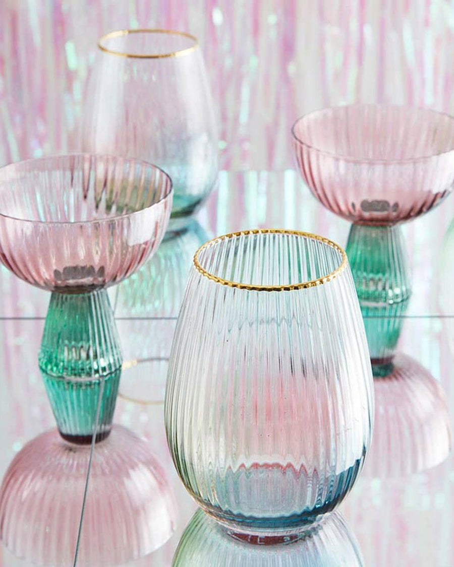 pink and green beveled coupe with stemless wine glass