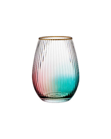 blue and pink beveled stemless wine glass with gold rim