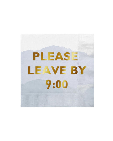 blue wave party napkins with gold foil 'please leave by 9:00' across the front