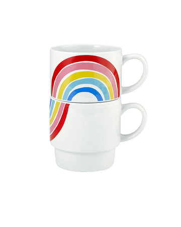 set of 2 white stacking mugs with subtle rainbow design