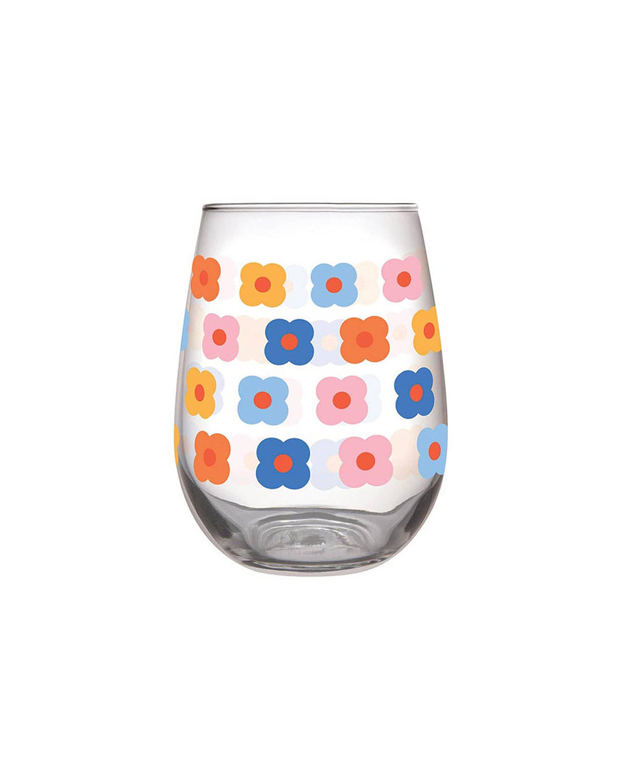 stemless wine glass with multicolor retro floral print