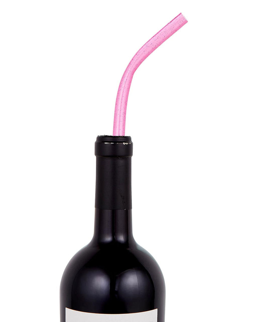pink glitter wine bottle straw in bottle