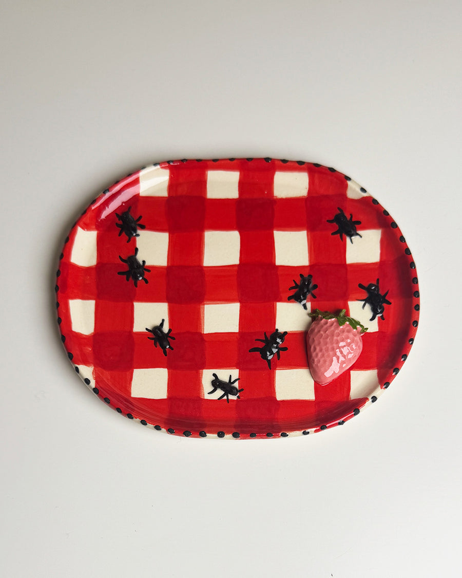 handmade tray with red and white gingham with 3d ant and strawberry print