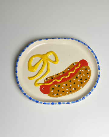 handmade tray with hot dog print with yellow mustard ribbon bow