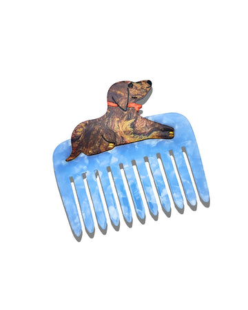 Hand-Painted Dachshund Pocket Comb with blue prongs