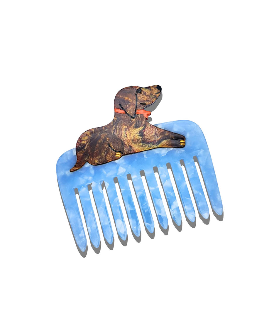 Hand-Painted Dachshund Pocket Comb with blue prongs