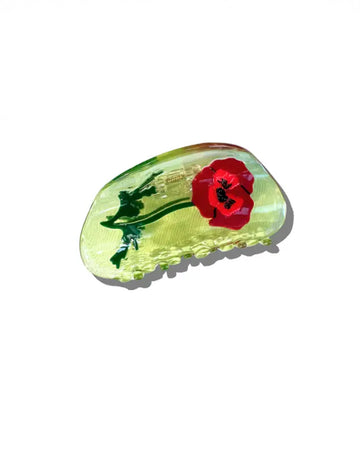 green hair claw with vintage red poppy flower