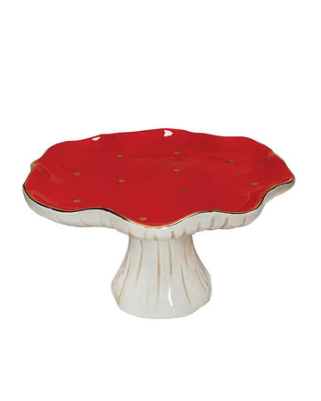 red and white mushroom pedestal trinket dish with gold spots and trim