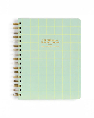 green grid notebook with gold foil 'professional procrastinator' across the front