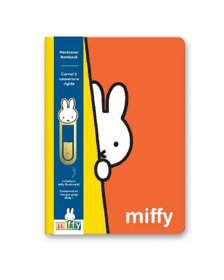 orange hardcover notebook with miffy peeking around the corner