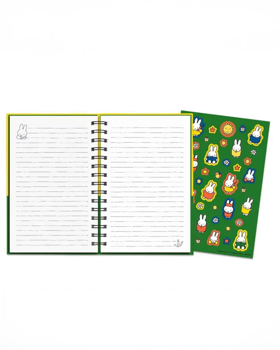 interior pages and stickers of yellow and green two toned hardcover notebook with chenille miffy face