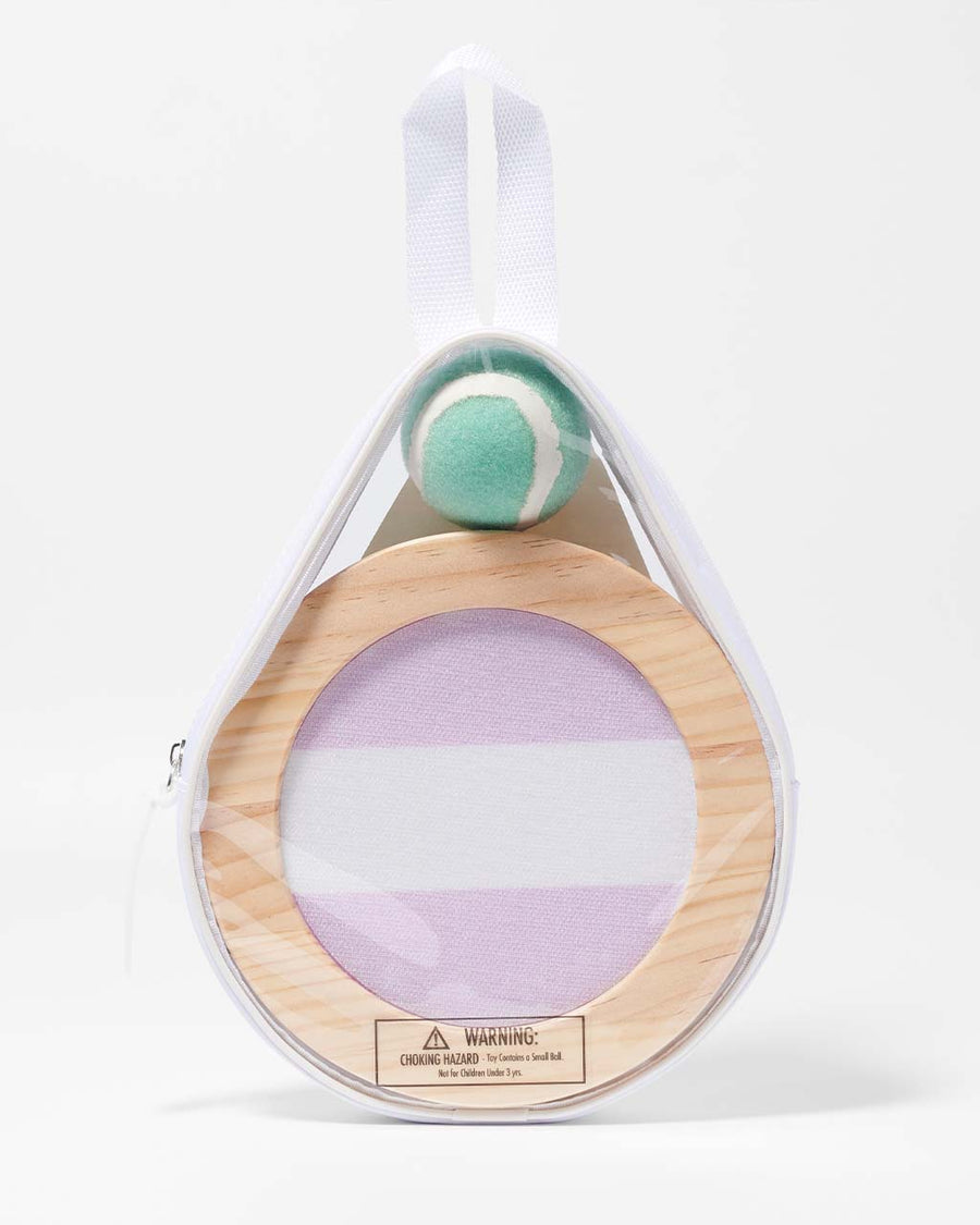 packaged purple and white and blue and white stripe catch ball set with mint colored velcro ball