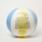 back view of pastel yellow, blue, green, pink, and orange striped beach ball