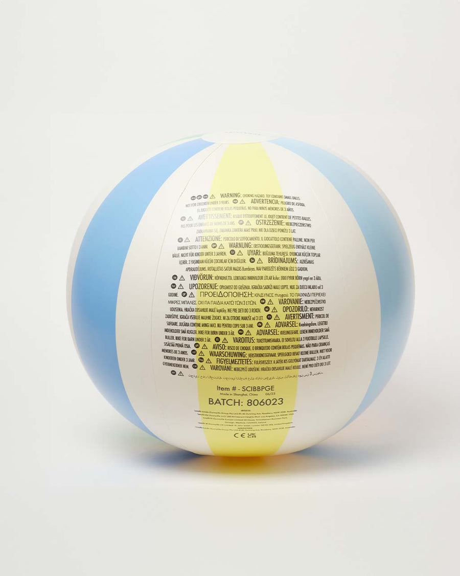 back view of pastel yellow, blue, green, pink, and orange striped beach ball