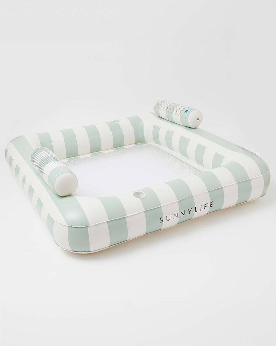 top view of oversized mint and white stripe float for two people