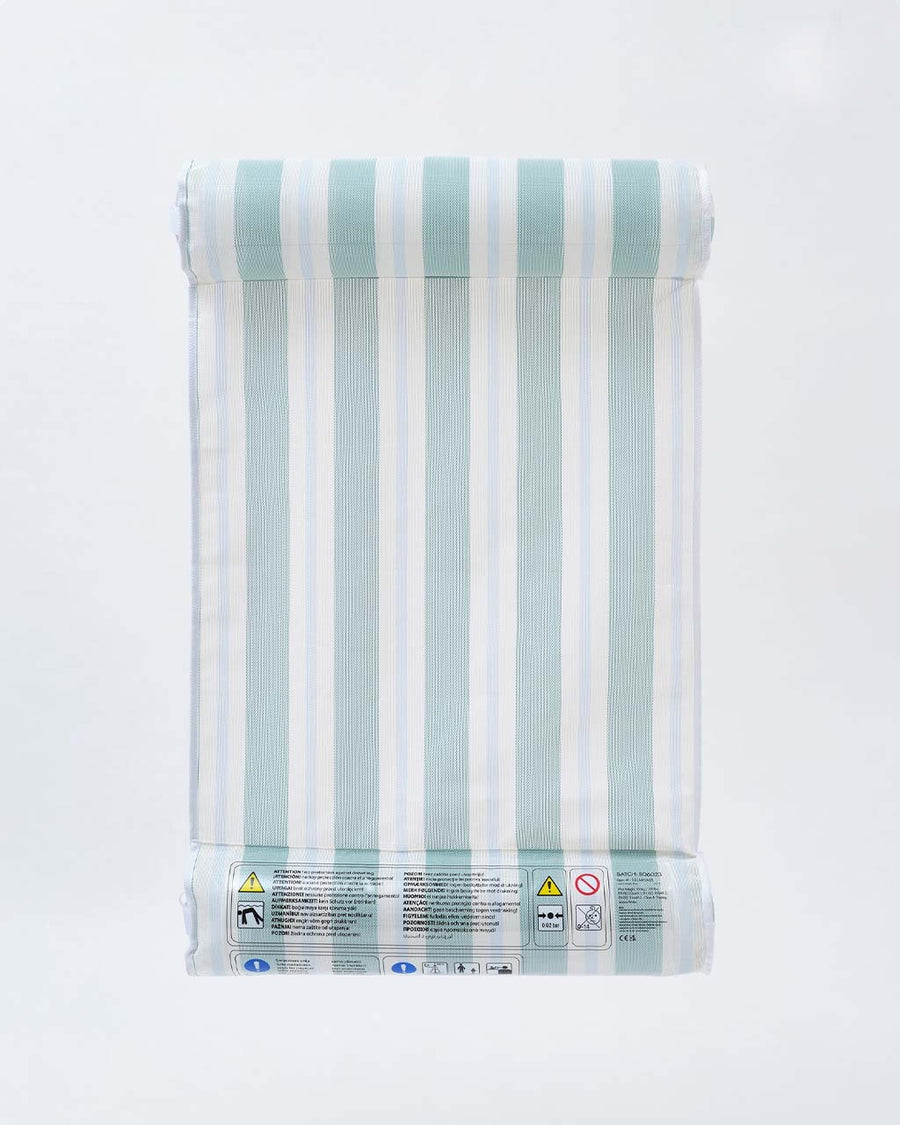 front view of white and light blue stripe mesh hammock float