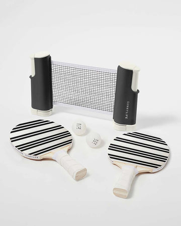 black and white stripe table tennis set: 1 net, two ping pong balls and two paddles