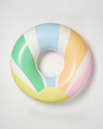 cream pool ring with pastel green, blue, orange and pink sun beams