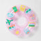 pink translucent pool ring with malibu, miami, rio, capri, camera 'patches'