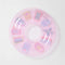 back view of pink translucent pool ring with malibu, miami, rio, capri, camera 'patches'