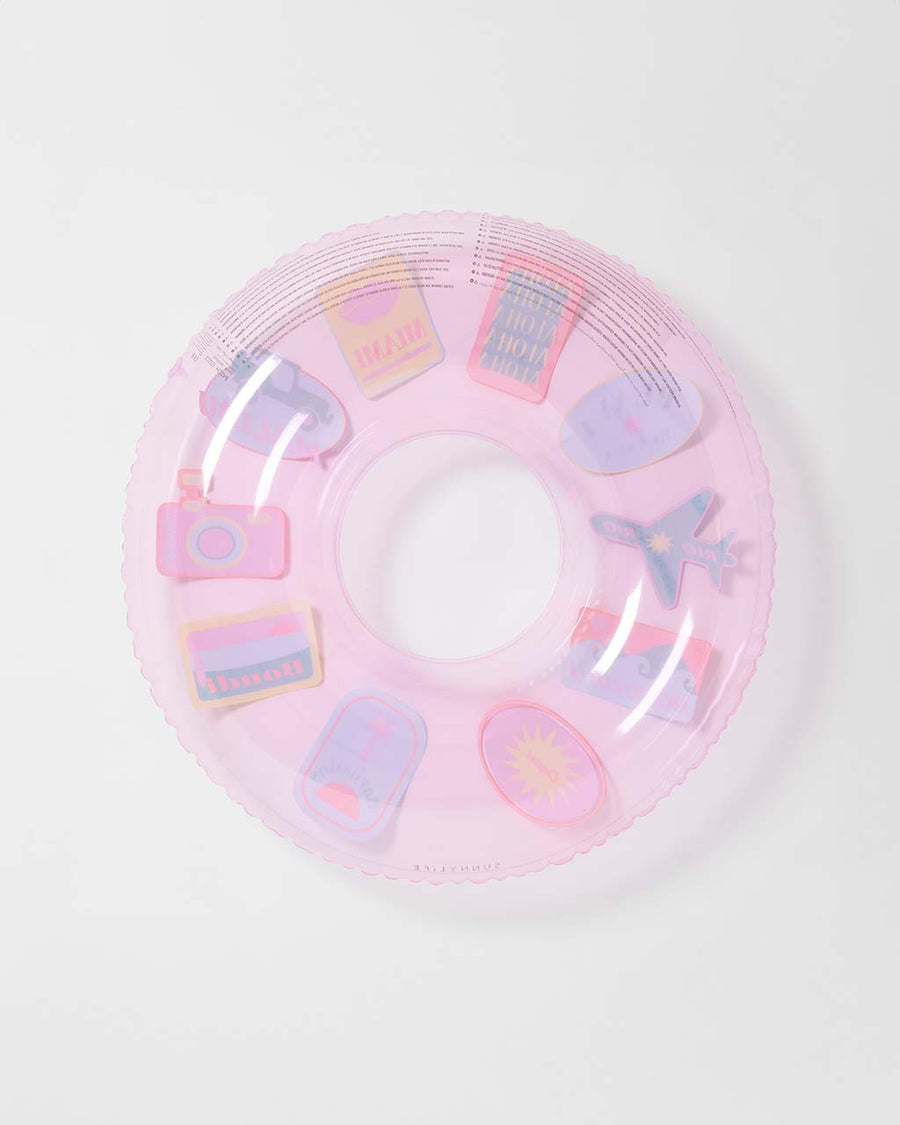 back view of pink translucent pool ring with malibu, miami, rio, capri, camera 'patches'