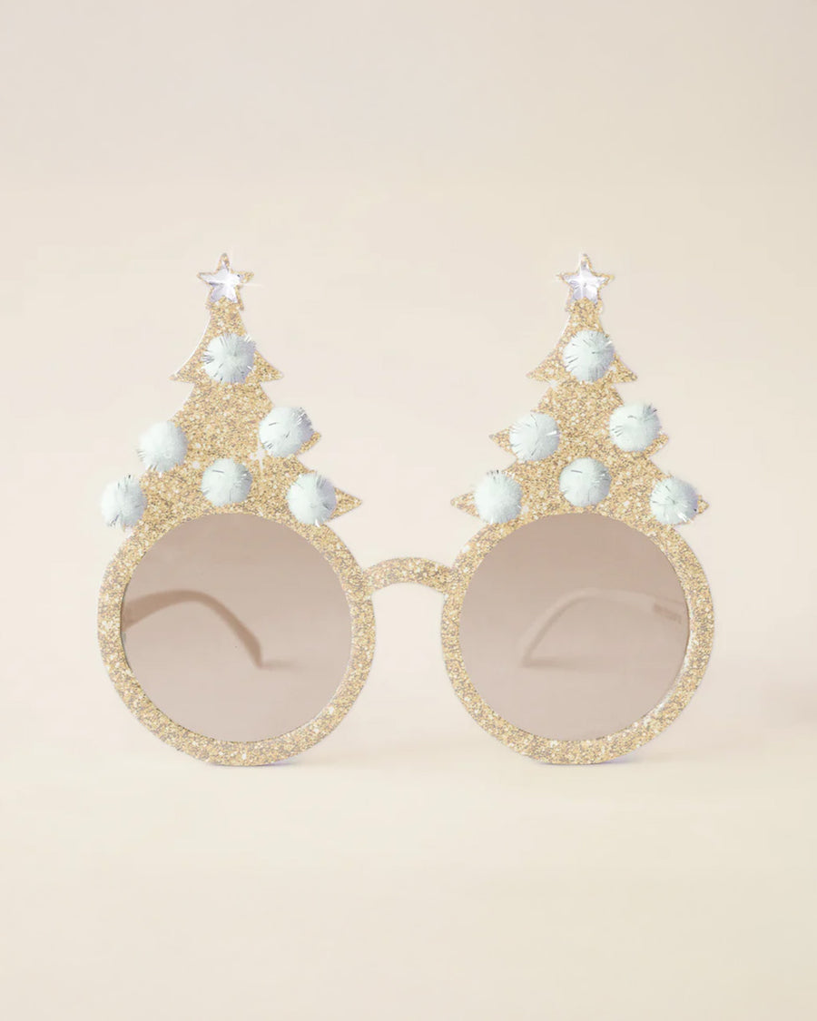 gold sparkle sunglasses with beige lens and golden sparkle tree with pom details on top