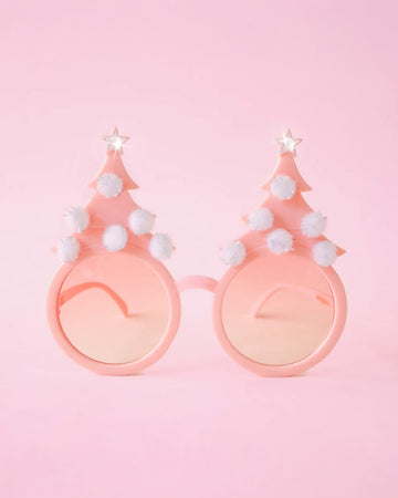 pink pastel sunglasses with pink lens and pink tree with pom details on top