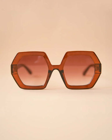 brown 70's inspired hexagon shaped sunglasses